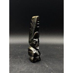 Hand Carved Black Onyx Obsidian Aztec Warrior 5.5” Totem Sculpture Mexico